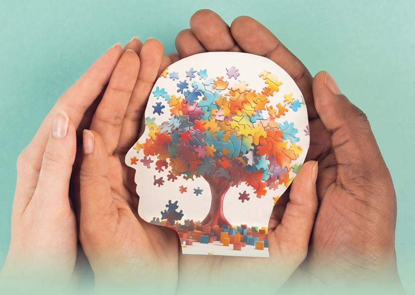 Hands holding a head silhouette filled with colourful puzzle pieces shaped like a tree